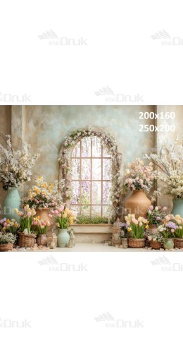 Tło fotograficzne „Wiosenne okno z pastelowymi tulipanami i ceramiką” | E638